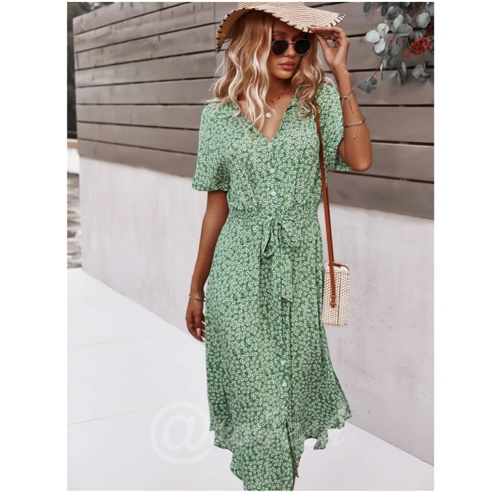 Green Floral Print Midi Dress Button Front V-Neck - Picture 6 of 16